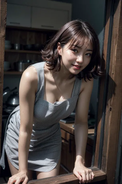 18 year old, indian japanese, mix race,  woman ,fair tone ,5'4  average height, wolf cut hair ,black and brown short hair, on a bar stool in restaurant , in long dress white floral dress