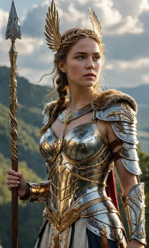 score_9, score_8_up, score_7_up, score_8, volumetric lighting, 1girl, valkyrie in gorgeous armor is holding a spear in hand, (side view, solo:1.1), standing, golden laurel wreath crown, goddess, pale skin, beautiful face, armored dress, wings, looking at viewer, cloudy sky, holy light, light from clouds, fantasy theme