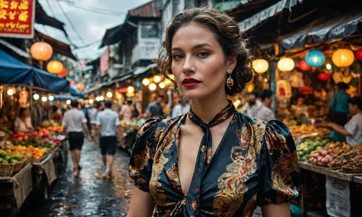 a beautiful cinematic sexy female,French twist,Black,Vintage Silk blouse with puffed sleeves and a tie neck closure.,Street level shot,bustling markets of Bangkok are a sensory overload of sights, sounds, and smells,Stormy sky with dark swirling clouds,Stone Age,Psychedelic style Vibrant colors swirling patterns abstract forms surreal trippy,,style by Ray Harryhausen,intricately detailed masterpiece sharp and fine,Nikon Z9,Ambient lighting, score_9, score_8_up, score_7_up, score_8, volumetric lighting