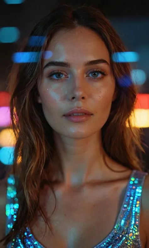 A beautiful woman, holographic, digital, hologram, visionary, anamorphic lens, evening, digital portrait, color, high, digital lighting, score_9, score_8_up, score_7_up, score_8, volumetric lighting