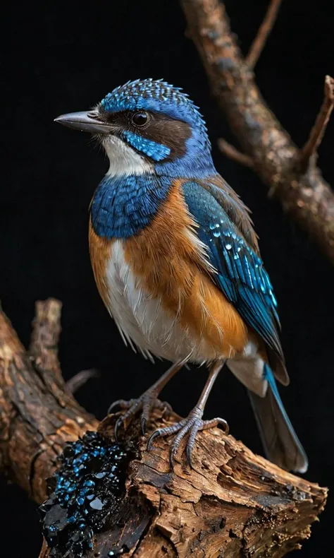 score_9, score_8_up, score_7_up, score_8, volumetric lighting, detailed close-up of an elegant bird perched on a textured stump, predominantly black background, striking blue and white feathers with dark brown on wings and back, piercing eyes gazing directly at the viewer, wet appearance suggesting recent rain, highly detailed and crisp focus, instant painting realism, best quality