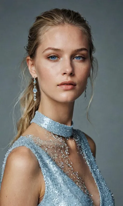 score_9, score_8_up, score_7_up, score_8, volumetric lighting, high fashion photography of a minimalist swedish woman, age 21, with a fair complexion reminiscent of winter's first snowfall, her icy blonde hair meticulously styled in a sleek ponytail that cascades down her back like a waterfall of silk. her piercing blue eyes, like sapphires set in ice, draw the viewer into a world of cool elegance. her slender and angular frame is draped in a simple yet exquisitely tailored monochrome dress that flows around her like a gentle breeze. she embodies the essence of simplicity and sophistication as she stands in a serene pose, her presence commanding attention without uttering a word. the full-length shot captures her in all her minimalist glory against a neutral grey studio backdrop, the soft diffused lighting casting a gentle glow that enhances her features with a clean and modern effect. shot from a straight-on angle, every line and curve of her form is accentuated, echoing the signature style of inez and vinoodh, creating a timeless image of understated beauty