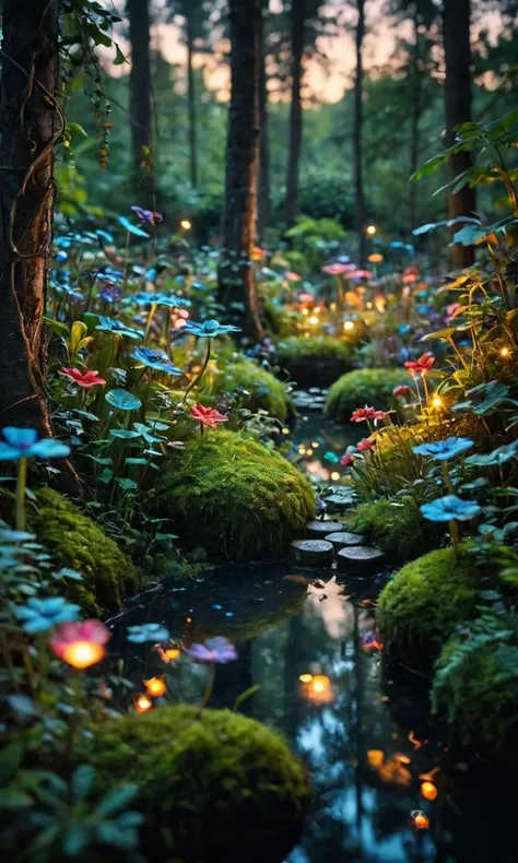 tilt-shift effect, dusk, score_9, score_8_up, score_7_up, score_8, volumetric lighting, Create an image of a mystical garden hidden deep within an enchanted forest, where bioluminescent plants and whimsical creatures dwell under a starlit sky.