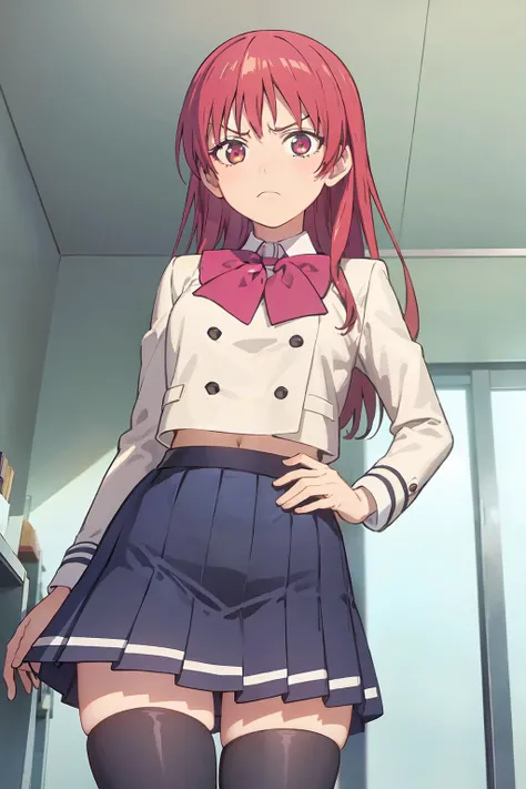 masterpiece,beautiful illustration,best quality, from below, 1girl, <lora:saki-11:0.7>, solo, school uniform, thighhighs, black thighhighs, skirt, midriff, frown, long hair, red hair, bow, looking at viewer