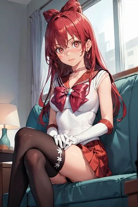masterpiece,absurdres,detailed face,beautiful face,(detailed eyes, deep eyes),1girl, <lora:Saki1.4:0.7> , saki, solo, red hair, long hair, thighhighs, long hair, sitting, sofa, living room, indoors,, <lora:Sailor Moon Outfit:0.9>, sailor moon outfit,