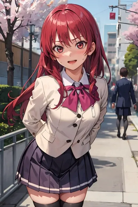 masterpiece,absurdres,detailed face,beautiful face,(detailed eyes, deep eyes),1girl, <lora:Saki1.4:0.7> , saki, solo, red hair, long hair, thighhighs, long hair, arms behind back, leaning forward, standing, outdoors, smile, open mouth, cherry blossoms,  school uniform, bow, solo focus, closed mouth, bowtie, looking at viewer, frown, hair down, jacket, sweat, long sleeves, bangs, buttons, solo, blazer