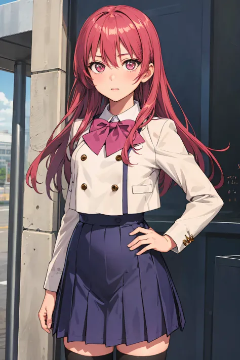 masterpiece,absurdres,detailed face,beautiful face,(detailed eyes, deep eyes),1girl,((dynamic pose)) , <lora:Saki1.4:0.7> , saki, solo, red hair, long hair, skirt, thighhighs, long hair, pleated skirt, school uniform, bow, bowtie, blue skirt, black thighhighs, shirt, red eyes, standing, long sleeves, closed mouth, jacket,, bangs, white shirt, shiny hair, cowboy shot, shiny, pink bow, buttons, blush, collared shirt, pink bowtie, straight hair, hair between eyes, miniskirt, wing collar, dress shirt,blazer