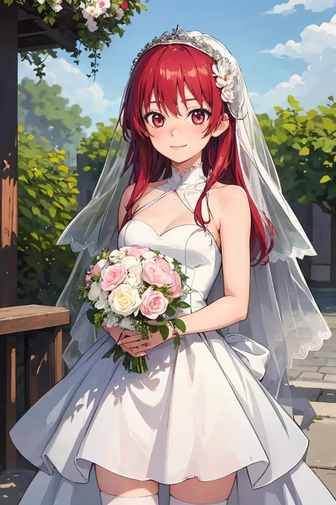 masterpiece,absurdres,detailed face,beautiful face,(detailed eyes, deep eyes),1girl, <lora:Saki1.4:0.7> , saki, solo, red hair, long hair, thighhighs, long hair, (wedding dress:1.2),white dress,(veil:1.2),garden,smile,outdoors,standing,cowboy shot,holding bouquet,