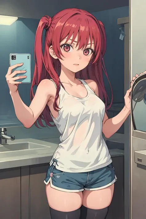 masterpiece,absurdres,detailed face,beautiful face,(detailed eyes, deep eyes),1girl, <lora:Saki1.4:0.7> , saki, solo, red hair, long hair, thighhighs, long hair, looking at viewer,tank top, small breasts, dolphin shorts, <lora:dolphin_shorts_v0.1:0.6>, <lora:MirrorSelfieLora:0.8>, anime, mirror selfie, holding phone, cowboy shot