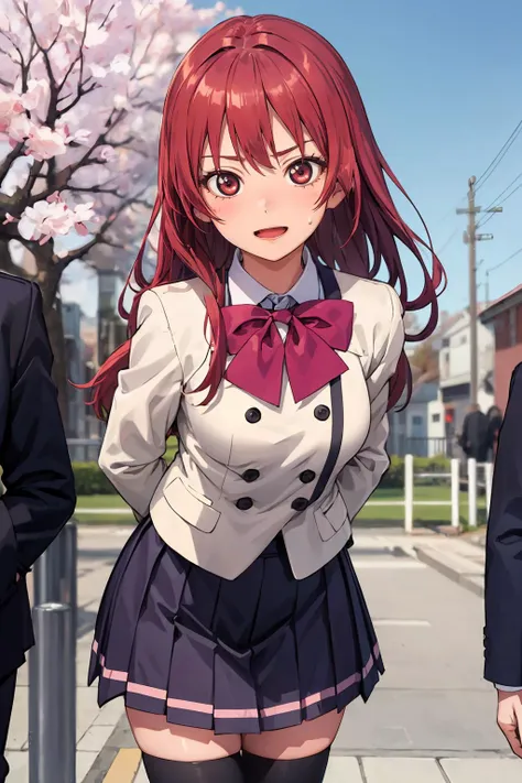 masterpiece,absurdres,detailed face,beautiful face,(detailed eyes, deep eyes),1girl, <lora:Saki1.4:0.7> , saki, solo, red hair, long hair, thighhighs, long hair, arms behind back, leaning forward, standing, outdoors, smile, open mouth, cherry blossoms,  school uniform, bow, solo focus, closed mouth, bowtie, looking at viewer, frown, hair down, jacket, sweat, long sleeves, bangs, buttons, solo, blazer