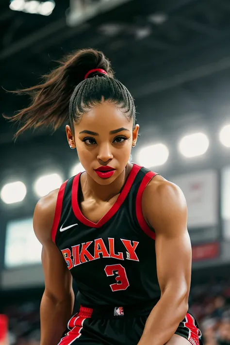 raw photo of (BiBECR01:0.99), a woman as a sexy basketball player, ((black waist-long ponytail)), ((wearing long black ponytail on her chest: 1.2)), (red lipstick:1.3), modelshoot style, (extremely detailed CG unity 8k wallpaper), photo of the most beautiful artwork in the world, professional majestic oil painting by Ed Blinkey, Atey Ghailan, Studio Ghibli, by Jeremy Mann, Greg Manchess, Antonio Moro, trending on ArtStation, trending on CGSociety, Intricate, High Detail, Sharp focus, dramatic, photorealistic painting art by midjourney and greg rutkowski, (basketball_uniform:1.2), (basketball shorts:1.2), (sneakers), (on the basketball_court ), (( dribbling_\(basketball\) )), (basketball), ((in a basketball stadium )), (( crowd sitting on the bleachers )), (basketball game), (looking at viewer), (detailed pupils:1.3), (modern outfit:1.2), (closeup), red lips, (eye shadow)
