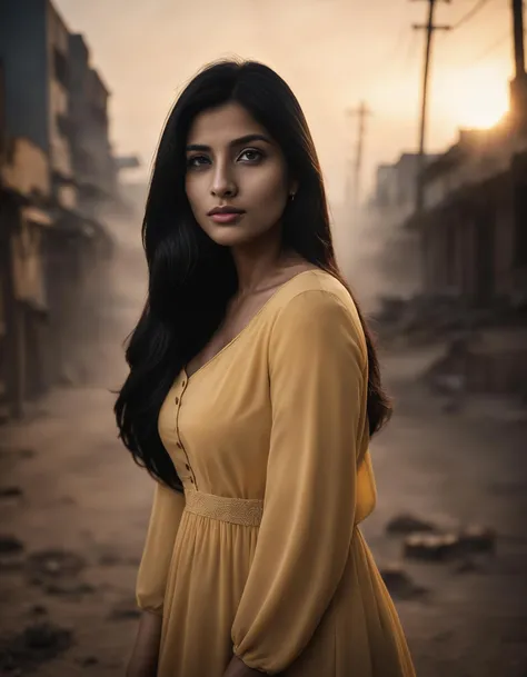 cinematic film still 1girl, extremely beautiful, raw photo of <lora:anuLoraXL_gnd:1> anuloraxl_gnd, black hair, long hair, brown eyes, 32y.o south asian woman, (dynamic pose:1.4), curious,
(masterpiece, best quality, high quality, highres, ultra-detailed), (portrait:1.4),
in a deserted street, (flowing pastel-yellow dress:1.5), cotton clothes, pamphlets on the street, fire, smoke, post-apocalypse, mist, fog, dramatic sky, dramatic light, dramatic shadows, . shallow depth of field, vignette, highly detailed, high budget, bokeh, cinemascope, moody, epic, gorgeous, film grain, grainy