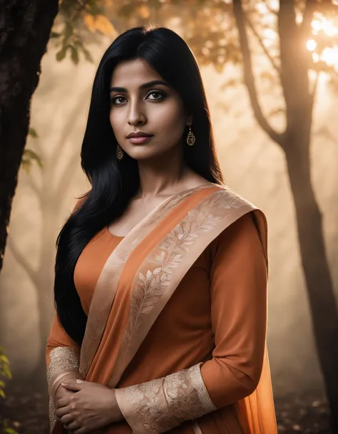 1girl, extremely beautiful, raw photo of <lora:anuLoraXL_gnd-000014:1> anuloraxl_gnd, black hair, long hair, brown eyes, 32y.o south asian woman,
(masterpiece, best quality, high quality, highres, ultra-detailed),
under a giant tree, flowing pastel-orange top and jeans, cotton clothes, wet tropical forest in the background, mist, fog, automn leaves, dramatic light, dramatic shadows, light streaming through trees.