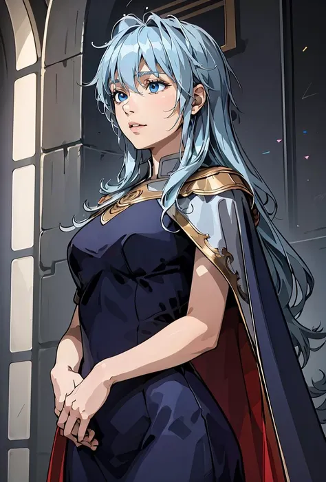 (masterpiece, best quality), 1girl, <lora:KhunMaschennyJahad:0.8> KhunMaschennyJahad, 1girl, solo, long hair, blue eyes, blue dress, light blue hair, blue cape,
