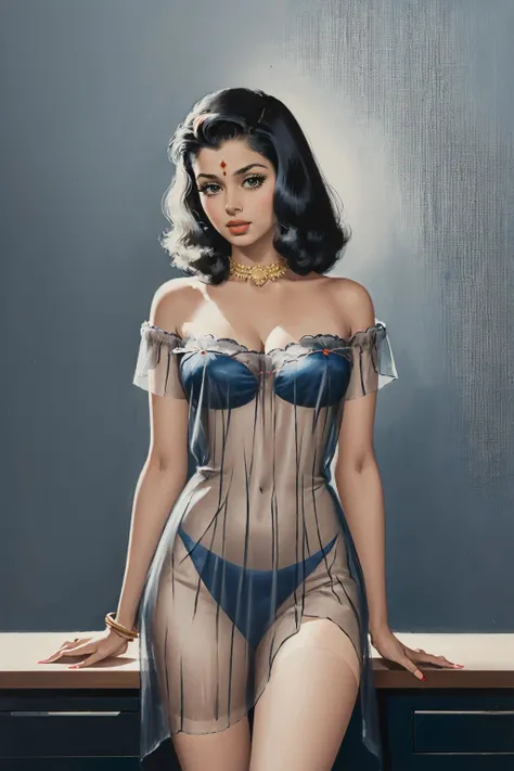 an indian woman is (Br00k3 5h13ds:0.8),long straight dark hair, standing leaning against a desk, office setting, abstract dark blue and silver gray background, pulp cover art, <lora:Pulp_Cover_Art_SD1.5:1.8>,(SEE-THROUGH DRESS), <lora:SeeThroughDressOfNagato:0.7>