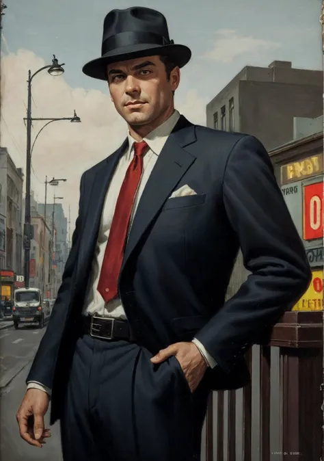 noir detective, wearing suit and hat,  pulp cover art, pulp magazine cover,<lora:Pulp_Cover_Art_SD1.5:0.9>