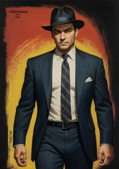 noir detective, wearing suit and hat, pulp cover art, pulp magazine cover,<lora:Pulp_Cover_Art_SD1.5:0.9>