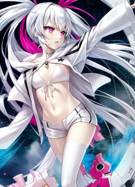 (masterpiece, best quality), intricate details,1girl, pink eyes, white rock shooter, coat, collar, flat chest, jacket, long hair, scar, shorts, white bikini top, star \(symbol\), swimsuit, twintails, uneven twintails, ((pink fire)),flaming eye, pink fire on eye,<lora:BRSEXTRA-09:0.7>