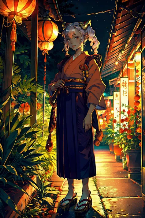 masterpiece, best quality, nyLaev, hair ornament, orange kimono, wide sleeves, sandals, standing, japanese architecture, paper lanterns, bridge, night, looking at viewer, smile <lora:laevatein-nvwls-v3-000012:0.9>