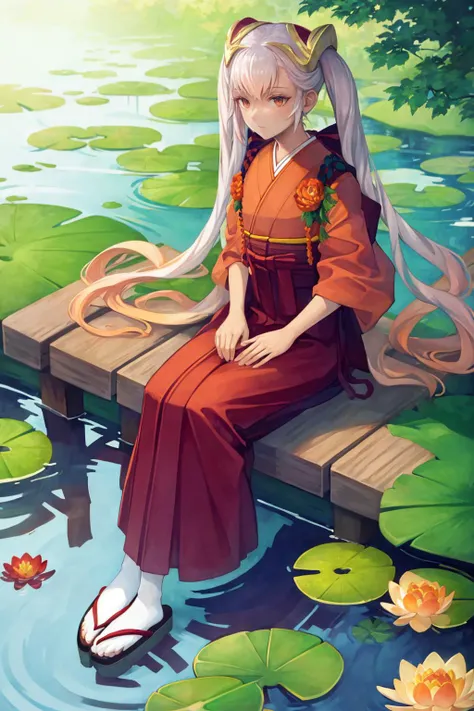 masterpiece, best quality, nyLaev, hair ornament, orange kimono, wide sleeves, sandals, japanese architecture, sitting, pond, lotus flowers, lily pads <lora:laevatein-nvwls-v3-000012:0.9>