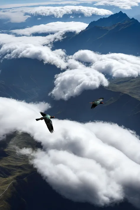 best quality, masterpiece, detailed, realistic, photorealistic,aerial\(ttp\),An aerial view of a group of birds flying over between mountains and clouds,(aerial view:1.2)