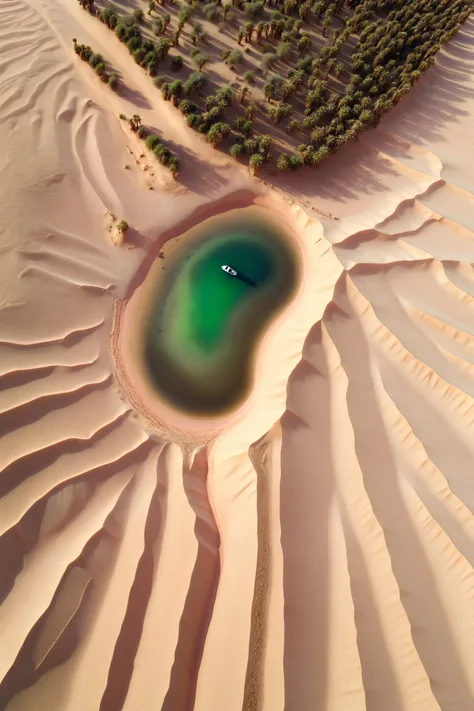 best quality, masterpiece, detailed, realistic, photorealistic, aerial\(ttp\), An aerial view of midst of a vast desert, an oasis appears abruptly, with green vegetation and clear water sources forming a stark contrast against the sea of sand. The aerial view captures the miracle of this oasis, symbolizing the source of life thriving in the most unlikely places, bringing hope and vitality to this barren landscape.