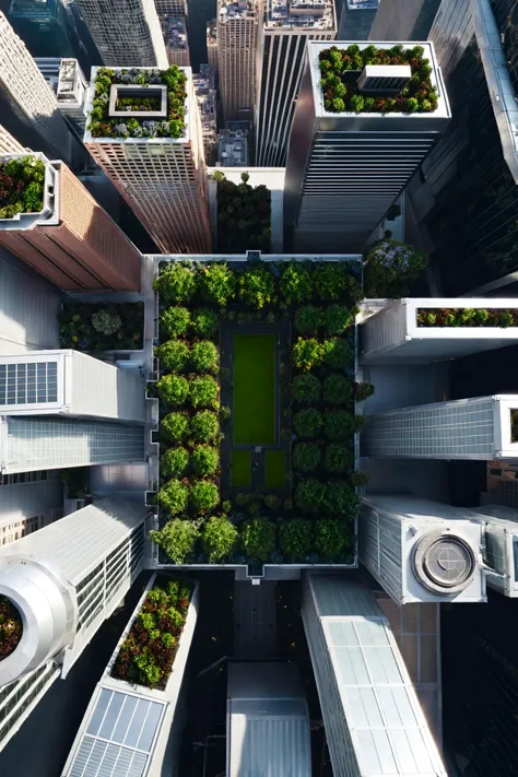 best quality, masterpiece, detailed, realistic, photorealistic, aerial\(ttp\), An aerial view of a bustling city center, where a green rooftop garden stands out among the skyscrapers. This oasis offers a tranquil refuge amidst the steel forest. From above, this patch of green not only beautifies the urban landscape but also symbolizes the potential for harmonious coexistence between humans and nature.