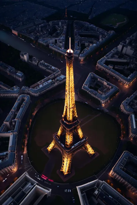 best quality, masterpiece, detailed, realistic, photorealistic, aerial\(ttp\), An aerial view of the Eiffel Tower at dusk, with the city of Paris spread out below. The tower lights up, casting a warm glow over the surrounding area, turning the city into a canvas of lights and shadows. From above, the iconic structure stands as a beacon of romance and innovation in the heart of France.