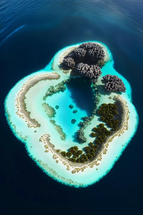 best quality, masterpiece, detailed, realistic, photorealistic, aerial\(ttp\), Around an island, coral reefs bloom in the clear waters, forming a colorful underwater garden. From above, these reefs appear as gems in the ocean, radiating vibrant colors around the island, showcasing the complexity and beauty of the marine ecosystem.