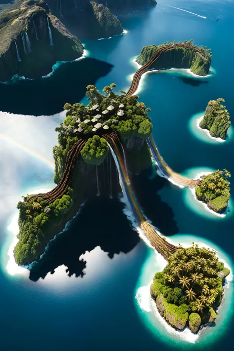 best quality, masterpiece, detailed, realistic, photorealistic, aerial\(ttp\), An aerial view of a floating island chain, each island with its own unique ecosystem, floating high above an azure sea. Waterfalls cascade from the islands into the sky, defying gravity, and lush jungles teem with exotic flora and fauna. The islands are connected by rainbow bridges, visible only to those who believe. From above, this archipelago is a patchwork of paradise, a secret escape from the ordinary world.