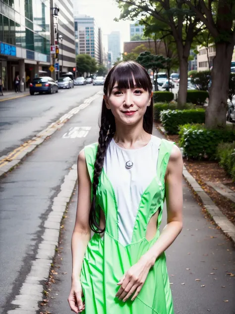 1girl, solo, standing, (8K), masterpiece, best quality, intricate details, radiant glow, celestial grace, slender,long hair, small smile, large breasts,breast cleveage,latex dress, (city:1.4), day,yukakashino<lora:YukaKashinoBRAv4-000009:0.9>