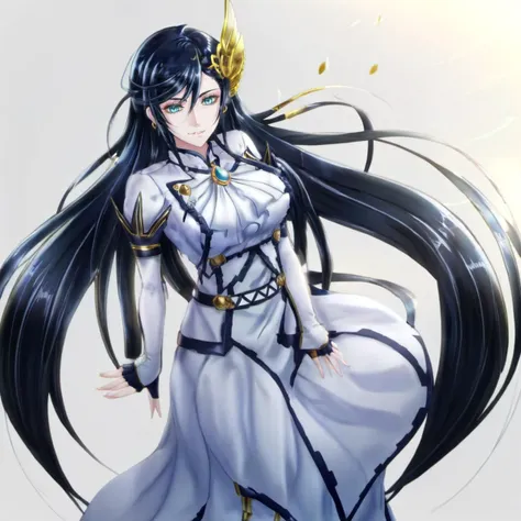 anime artwork a  full body tall woman in a white dress, long black hair, golden head ornament, detailed eyes <lora:Brunhilde1024:0.8> . anime style, key visual, vibrant, studio anime,  highly detailed