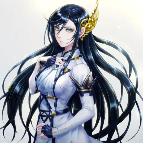 anime artwork a  full body tall woman in a white dress, long black hair, golden head ornament, detailed eyes <lora:Brunhilde1024:0.8> . anime style, key visual, vibrant, studio anime,  highly detailed