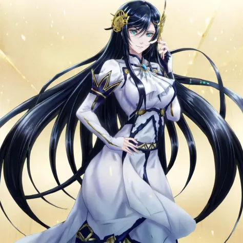 anime artwork a  full body tall woman in a white dress, long black hair, golden head ornament, detailed eyes <lora:Brunhilde1024:0.8> . anime style, key visual, vibrant, studio anime,  highly detailed