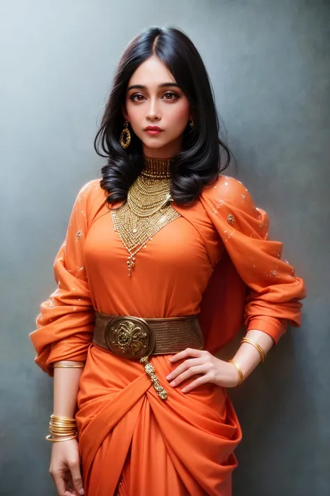masterpiece, (beautiful lighting:1.1), highly detailed 1980s (sci-fi) illustration of a (Royal Asian woman Regina <lora:RVRegina:1> with black crown braid hair, princess of Space colony on alien planet), perfect face, detailed facial features, [makeup], (wearing see through orange sheath dress with cloak and golden belt:1.2), intricately detailed, [bold|bright] colors, oil on canvas, (heavy metal magazine cover art:0.8), complex and detailed background, seductive, erotic, (by Richard Cohen:1.2)