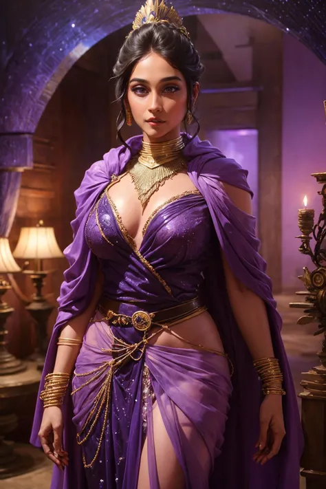 masterpiece, (beautiful lighting:1.1), highly detailed 1980s (sci-fi) illustration of a (Royal Asian woman Regina <lora:RVRegina:1> with black crown braid hair, princess of Space colony on alien planet), perfect face, detailed facial features, [makeup], (wearing see through purple sheath dress with cloak and golden belt:1.2), intricately detailed, [bold|bright] colors, oil on canvas, (heavy metal magazine cover art:0.8), complex and detailed background, seductive, erotic, (by Richard Cohen:1.2)