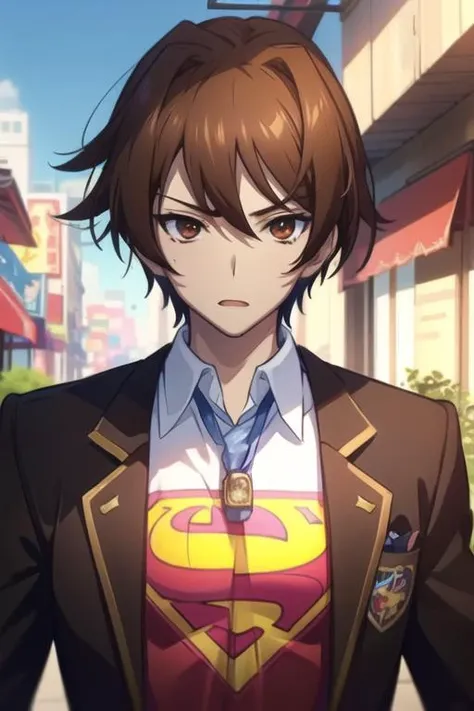 masterpiece, best quality, , 1boy, solo, male focus, looking at viewer, upper body, , <lora:takeya_iizuka:0.68>, takeya_iizuka, brown hair, brown eyes, superman costume, Shambhala: A hidden paradise where enlightened beings live in perfect harmony,