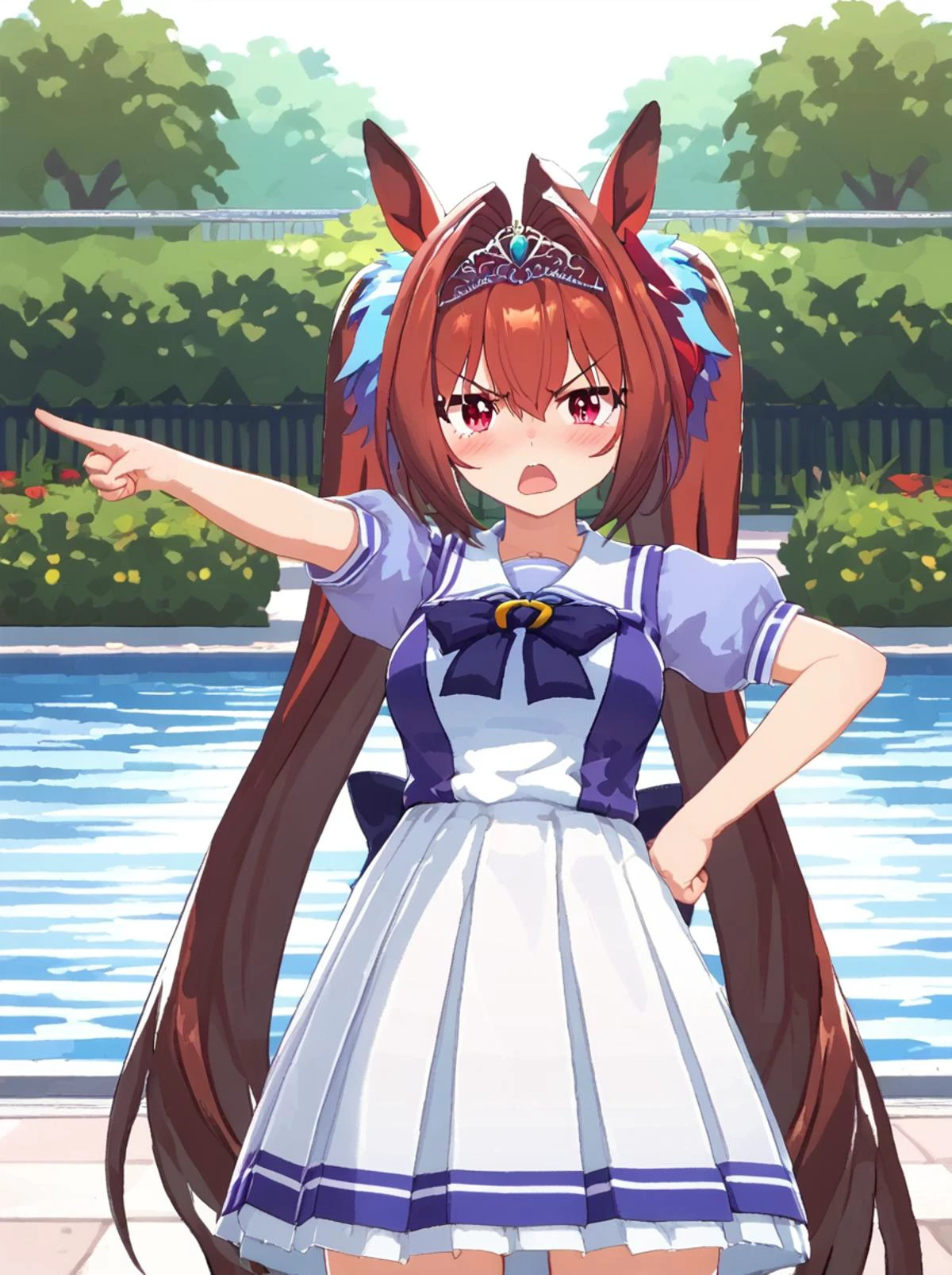 score 9, score 8 up, score 7 up, rating questionable,
detailed background,
<lora:daiwa.pony:1>,
daiwa, school,
large breasts, wide hips, shiny skin,
looking at viewer, angry, blush, open mouth, pointing at viewer, hand on hip,
garden,