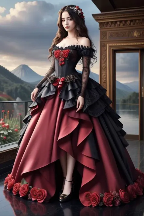 1 woman, 22yo, (realistic, masterpiece, high detailed skin:1.2) (looking at viewer, full body shot, scenic view, long hair:1.2)
<lora:Rose_Black_Gown_By_Stable_Yogi:0.8> black gown, frills, red roses