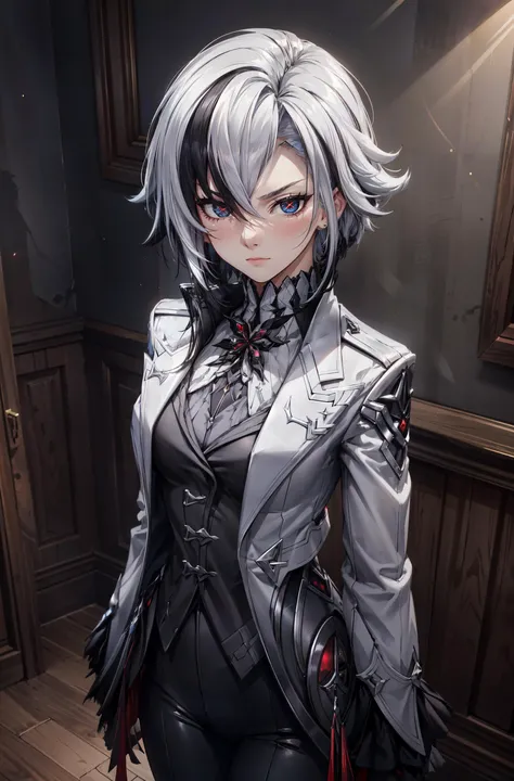 1girl, <lora:arle:0.8> 1girl, solo, white hair, black hair, multicolored hair, x-shaped pupils, black eyes,standing,standing pose,serious face,expresionless,calm face,room,dark room,light from above,spotlight,looking at viewer,masterpiece,extremely detailed CG unity 8k wallpaper, best quality,32k,focus sharp,
