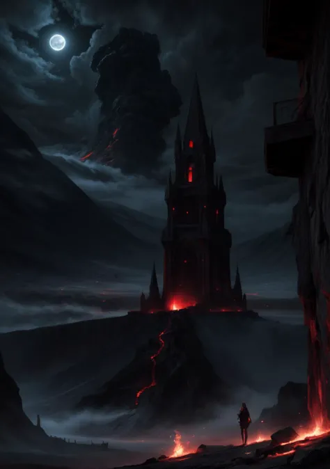 The Crimson Citadel: A towering fortress built into the side of a blood-red mountain. Lava flows down the mountainside, and ominous clouds shroud the citadel, giving it an imposing presence,<lora:BloodMagic:0.4>,bloodmagic,fantasy,magical energy,blood,<lora:arle:0.8>,1girl,solo,white hair,black hair,multicolored hair,x-shaped pupils,black eyes,arle_suit,long ponytail, AS-AdultV2,cowboyshot,dynamic angle,(fantasy style:1.2),(high quality:1.3),(best quality:1.3),(masterpiece:1.3),official art,official wallpaper,4k textures,(epic:1.2),(mysterious atmosphere:1.2),moonlight setting,midnight sky,(twilight:1.2),subtle sparkles,whimsical vibes,(detailed:1.05),(extremely detailed:1.06),sharp focus,(intricate:1.03),(extremely intricate:1.04),low contrast,soft cinematic light,soothing tones,hdr,(beautiful scenery:1.08),(detailed scenery:1.08),(intricate scenery:1.07),(wonderful scenery:1.05),(beautiful face:1.1),[perfect eyes:0.8],[perfect skin:0.8],[detailed face:0.8],[detailed eyes:0.8],[detailed hair:0.9],[detailed lips:0.8]