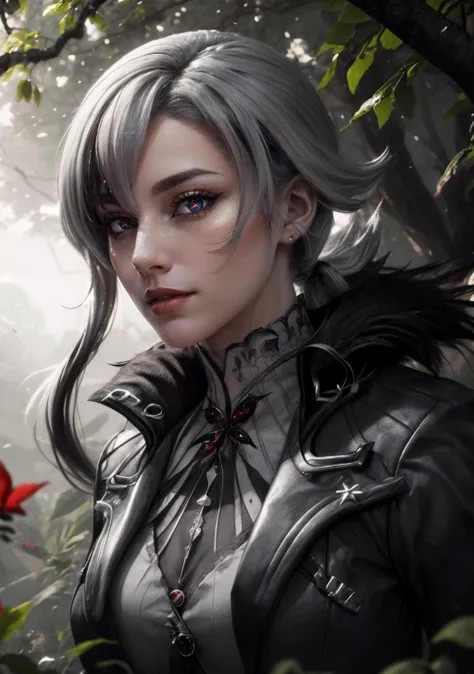 The Emerald Canopy: A vast, ancient forest with towering trees covered in vibrant emerald leaves. Shimmering light filters through the dense foliage, creating a mystical, serene atmosphere,<lora:BloodMagic:0.4>,bloodmagic,fantasy,magical energy,blood,<lora:arle:0.8>,1girl,solo,white hair,black hair,multicolored hair,x-shaped pupils,black eyes,arle_suit,long ponytail, AS-AdultV2,cowboyshot,dynamic angle,(fantasy style:1.2),(high quality:1.3),(best quality:1.3),(masterpiece:1.3),official art,official wallpaper,4k textures,(epic:1.2),(mysterious atmosphere:1.2),moonlight setting,midnight sky,(twilight:1.2),subtle sparkles,whimsical vibes,(detailed:1.05),(extremely detailed:1.06),sharp focus,(intricate:1.03),(extremely intricate:1.04),low contrast,soft cinematic light,soothing tones,hdr,(beautiful scenery:1.08),(detailed scenery:1.08),(intricate scenery:1.07),(wonderful scenery:1.05),(beautiful face:1.1),[perfect eyes:0.8],[perfect skin:0.8],[detailed face:0.8],[detailed eyes:0.8],[detailed hair:0.9],[detailed lips:0.8]