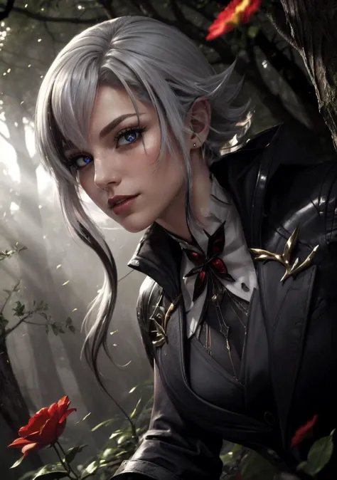 The Feywild Grove: A hidden glade deep within an enchanted forest, where ancient, towering trees form a protective canopy. Ethereal lights dance among the leaves, and curious fey creatures roam freely,<lora:BloodMagic:0.4>,bloodmagic,fantasy,magical energy,blood,<lora:arle:0.8>,1girl,solo,white hair,black hair,multicolored hair,x-shaped pupils,black eyes,arle_suit,long ponytail, AS-AdultV2,cowboyshot,dynamic angle,(fantasy style:1.2),(high quality:1.3),(best quality:1.3),(masterpiece:1.3),official art,official wallpaper,4k textures,(epic:1.2),(mysterious atmosphere:1.2),moonlight setting,midnight sky,(twilight:1.2),subtle sparkles,whimsical vibes,(detailed:1.05),(extremely detailed:1.06),sharp focus,(intricate:1.03),(extremely intricate:1.04),low contrast,soft cinematic light,soothing tones,hdr,(beautiful scenery:1.08),(detailed scenery:1.08),(intricate scenery:1.07),(wonderful scenery:1.05),(beautiful face:1.1),[perfect eyes:0.8],[perfect skin:0.8],[detailed face:0.8],[detailed eyes:0.8],[detailed hair:0.9],[detailed lips:0.8]