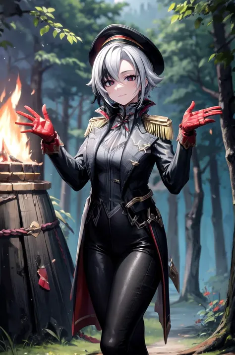 (masterpiece, best quality, detailed), 1girl, solo, looking at viewer, <lora:arle:0.85>, white hair, black hair, multicolored hair, x-shaped pupils, black eyes, <lora:edgWar40kCommissarv1:0.85>, edgCommissar, millitary uniform, epaulettes, skull emblem, hat, wearing edgCommissar, (campfire), night, nature, night sky, forest, full body, waving, hand up, arm up, smile, closed mouth, cowboy shot,