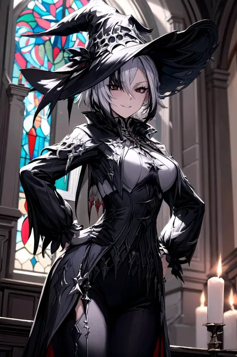 (masterpiece, best quality, detailed), 1girl, solo, looking at viewer, hat,
<lora:arle:0.85>, white hair, black hair, multicolored hair, x-shaped pupils, black eyes, <lora:edgBlackMage:1.1>, edgBlkMage, wearing edgBlkMage, indoors, church, stained glass, window, candle, fisheye, hands on hips, evil smile