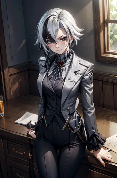 1girl, <lora:arle:0.8> 1girl, solo, white hair, black hair, multicolored hair, x-shaped pupils, black eyes,formal black pants,standing,crossed legs,superior look,dominant,from above,serious face,expresionless,calm face,room,dark room,light from above,spotlight,looking at viewer,masterpiece,extremely detailed CG unity 8k wallpaper, best quality,32k,focus sharp,