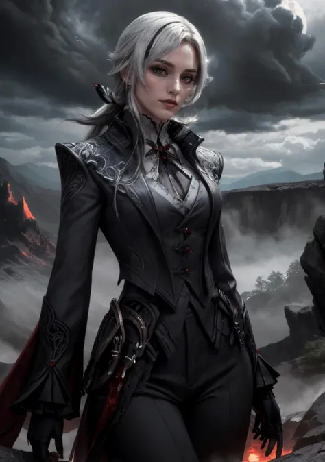 The Crimson Citadel: A towering fortress built into the side of a blood-red mountain. Lava flows down the mountainside, and ominous clouds shroud the citadel, giving it an imposing presence,<lora:BloodMagic:0.4>,bloodmagic,fantasy,magical energy,blood,<lora:arle:0.8>,1girl,solo,white hair,black hair,multicolored hair,x-shaped pupils,black eyes,arle_suit,long ponytail, AS-AdultV2,cowboyshot,dynamic angle,(fantasy style:1.2),(high quality:1.3),(best quality:1.3),(masterpiece:1.3),official art,official wallpaper,4k textures,(epic:1.2),(mysterious atmosphere:1.2),moonlight setting,midnight sky,(twilight:1.2),subtle sparkles,whimsical vibes,(detailed:1.05),(extremely detailed:1.06),sharp focus,(intricate:1.03),(extremely intricate:1.04),low contrast,soft cinematic light,soothing tones,hdr,(beautiful scenery:1.08),(detailed scenery:1.08),(intricate scenery:1.07),(wonderful scenery:1.05),(beautiful face:1.1),[perfect eyes:0.8],[perfect skin:0.8],[detailed face:0.8],[detailed eyes:0.8],[detailed hair:0.9],[detailed lips:0.8]