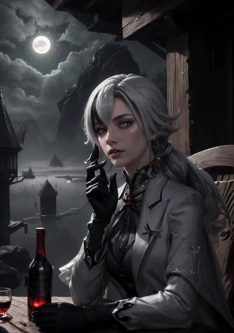 The Astral Observatory: An otherworldly observatory atop a floating island where scholars and celestial beings study the mysteries of the stars, with portals to distant realms,<lora:BloodMagic:0.4>,bloodmagic,fantasy,magical energy,blood,<lora:arle:0.8>,1girl,solo,white hair,black hair,multicolored hair,x-shaped pupils,black eyes,arle_suit,elbow gloves,black claws,long ponytail, AS-AdultV2,cowboyshot,dynamic angle,(fantasy style:1.2),(high quality:1.3),(best quality:1.3),(masterpiece:1.3),official art,official wallpaper,4k textures,(epic:1.2),(mysterious atmosphere:1.2),moonlight setting,midnight sky,(twilight:1.2),subtle sparkles,whimsical vibes,(detailed:1.05),(extremely detailed:1.06),sharp focus,(intricate:1.03),(extremely intricate:1.04),low contrast,soft cinematic light,soothing tones,hdr,(beautiful scenery:1.08),(detailed scenery:1.08),(intricate scenery:1.07),(wonderful scenery:1.05),(beautiful face:1.1),[perfect eyes:0.8],[perfect skin:0.8],[detailed face:0.8],[detailed eyes:0.8],[detailed hair:0.9],[detailed lips:0.8]