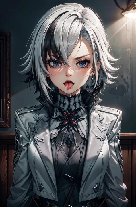 1girl, <lora:arle:0.8> 1girl, solo, white hair, black hair, multicolored hair, x-shaped pupils, black eyes,superior look,dominant,standing,(portrait),serious face,expresionless,calm face,(open mouth),(tongue out),(saliva:1.4),saliva drip,maw,(oral invitation),room,dark room,closeup,spotlight,looking at viewer,masterpiece,extremely detailed CG unity 8k wallpaper, best quality,32k,focus sharp,