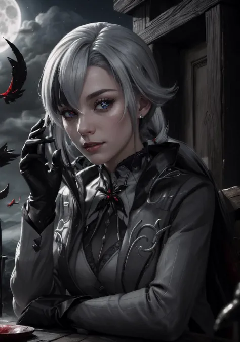 The Astral Observatory: An otherworldly observatory atop a floating island where scholars and celestial beings study the mysteries of the stars, with portals to distant realms,<lora:BloodMagic:0.4>,bloodmagic,fantasy,magical energy,blood,<lora:arle:0.8>,1girl,solo,white hair,black hair,multicolored hair,x-shaped pupils,black eyes,arle_suit,elbow gloves,black claws,long ponytail, AS-AdultV2,cowboyshot,dynamic angle,(fantasy style:1.2),(high quality:1.3),(best quality:1.3),(masterpiece:1.3),official art,official wallpaper,4k textures,(epic:1.2),(mysterious atmosphere:1.2),moonlight setting,midnight sky,(twilight:1.2),subtle sparkles,whimsical vibes,(detailed:1.05),(extremely detailed:1.06),sharp focus,(intricate:1.03),(extremely intricate:1.04),low contrast,soft cinematic light,soothing tones,hdr,(beautiful scenery:1.08),(detailed scenery:1.08),(intricate scenery:1.07),(wonderful scenery:1.05),(beautiful face:1.1),[perfect eyes:0.8],[perfect skin:0.8],[detailed face:0.8],[detailed eyes:0.8],[detailed hair:0.9],[detailed lips:0.8]